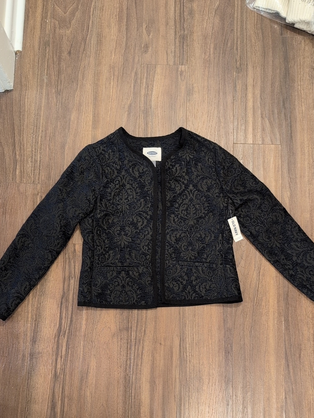Old Navy Black And Blue Damask-Patterned Textured Cropped Business Jacket